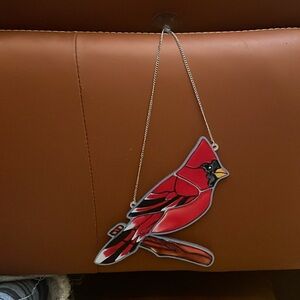 Colorful, lightweight stain glass look perched cardinal window/mirror decor 8 in